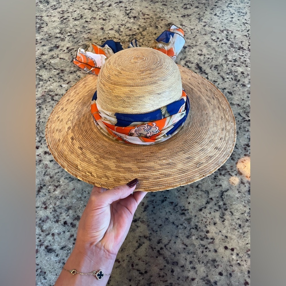Women’s Tan woven sun Hat with Colorful silk Scarf S/M